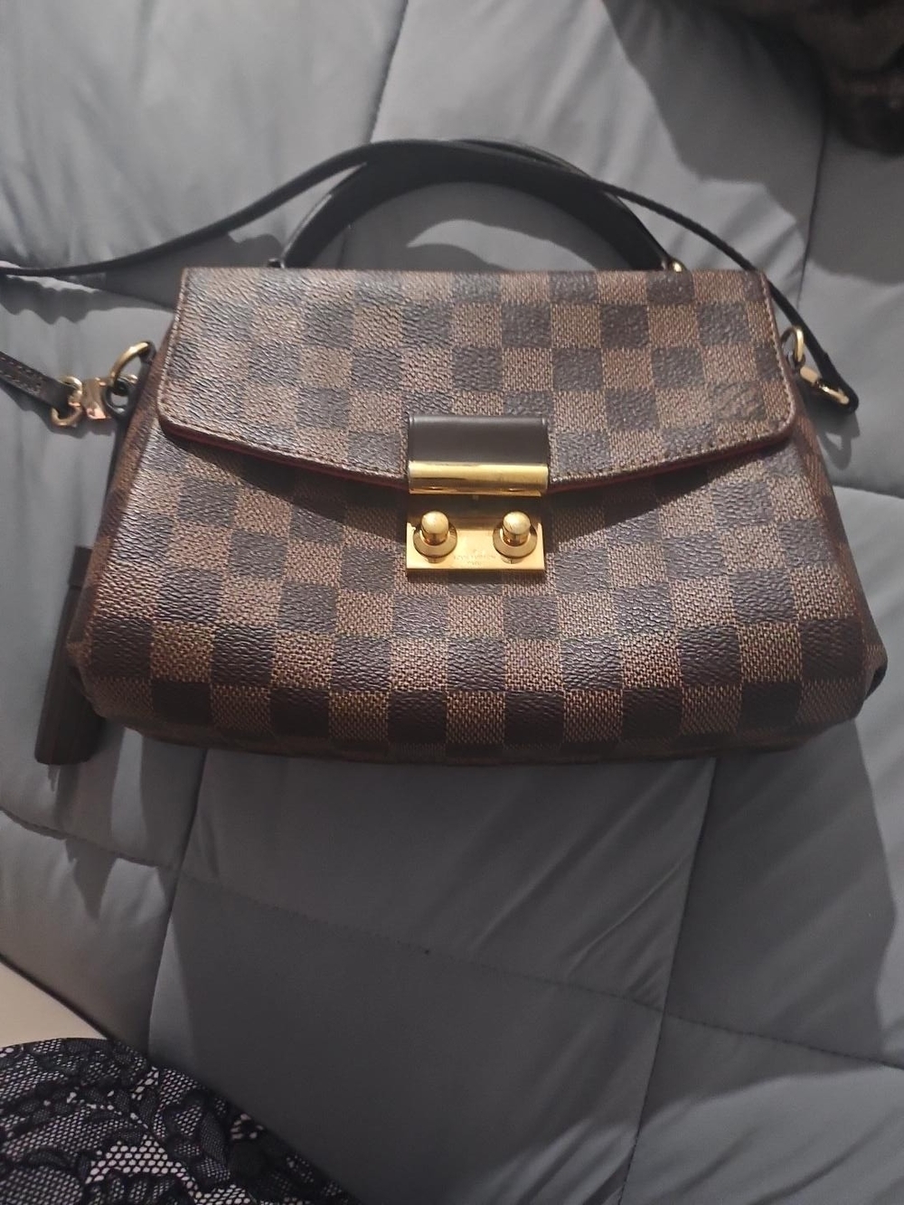 Brown Check Satchel Handbag with Gold Hardware